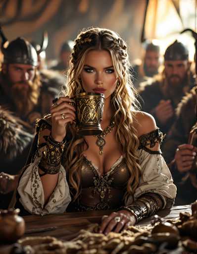 A woman with blonde hair and a gold necklace is sitting at a table holding a cup of coffee while wearing a medieval-style outfit. In the background, there are two men dressed in medieval clothing, one with a helmet on their head and another without any headgear.