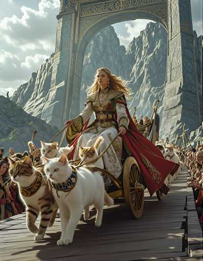 A woman dressed as a queen is seen leading three white cats on a wooden bridge with an archway and mountains in the background.