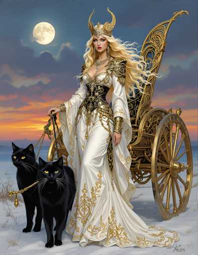 A woman dressed as a goddess stands on a cart with gold wheels and a golden throne, holding a golden chain. Two black cats sit on the ground beside her.