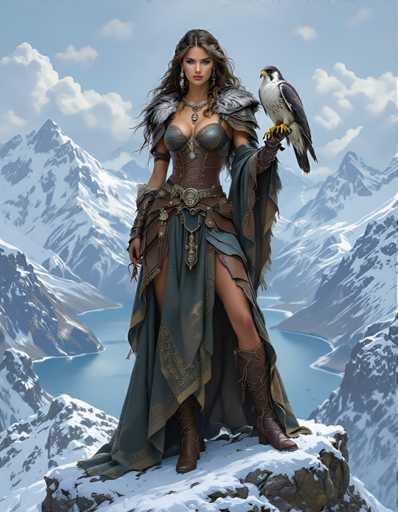 A woman stands on a rocky cliff overlooking a lake surrounded by snow-capped mountains under a clear blue sky. She is dressed in traditional Viking clothing and holds a white bird with a yellow beak.