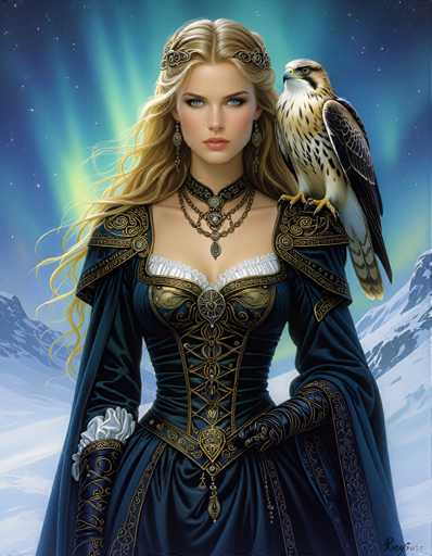 A woman with blonde hair and blue eyes is standing on a snowy mountain peak wearing a long, flowing dress that reaches down to her knees. She holds a bird of prey perched on her shoulder. The background features a sky filled with green and purple hues, suggesting the presence of a northern light or aurora borealis.