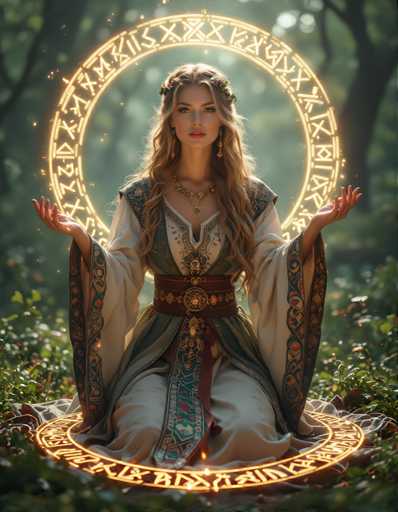 A woman dressed in traditional medieval garb sits on a rock in the woods with her hands raised in a gesture of peace and serenity. The background is filled with trees and foliage, creating a sense of tranquility and harmony with nature.