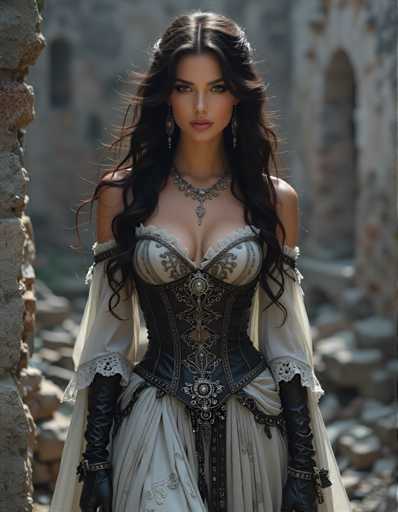 A woman with long dark hair wearing a corset and earrings stands in front of an old stone wall, holding a sword.