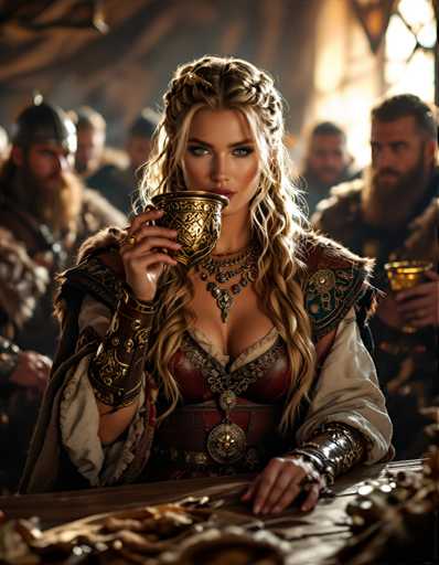 A woman with blonde hair and a braid is seated at a table, holding a gold cup of tea. She is wearing a red and gold outfit that includes a corset and a headdress. The background shows other people sitting around the table, suggesting this scene takes place in a social gathering or event.