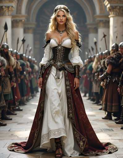 A woman wearing a long white dress with gold trim and a red cape is the main focus of this image. She stands confidently in front of a group of people dressed in medieval armor, suggesting that she might be participating in a historical reenactment or a themed event. The background features an ornate archway adorned with gold accents, further emphasizing the medieval theme of the scene.