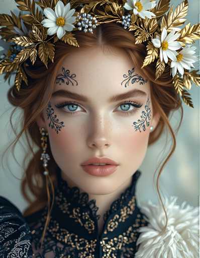The image shows a close-up portrait of a woman with long brown hair and striking blue eyes. She is wearing a gold crown adorned with white flowers on her head, which adds an element of regality to the scene. The background is a light blue color that complements the woman's features and enhances the overall composition.