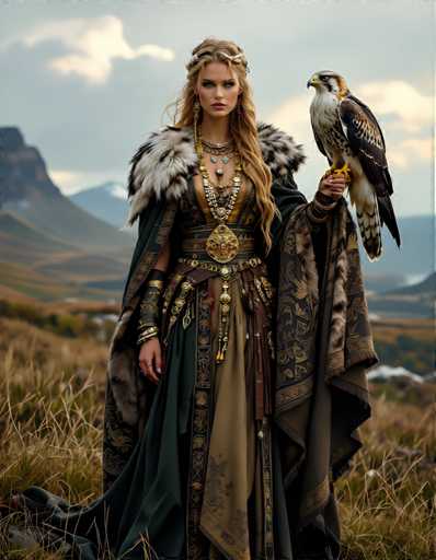 A woman stands on a grassy field with mountains in the background wearing a long dress and holding a bird of prey.