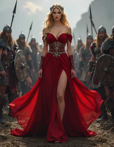 A woman wearing a long red dress with gold accents and a crown on her head is the main focus of this image. She stands confidently in front of a group of men dressed in medieval armor, suggesting that they are part of an ancient battle reenactment or historical event. The background features a cloudy sky and mountains, providing a dramatic backdrop to the scene.