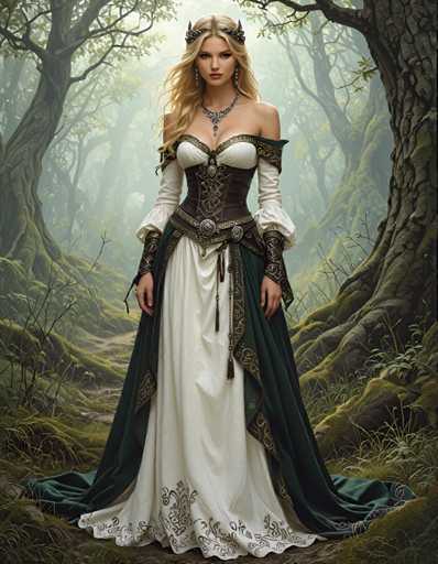 A woman stands in a forest wearing a long white dress with green and gold accents and a gold belt cinched at the waist. She wears a necklace around her neck and earrings on her ears. The background is filled with trees and foliage, creating an impression of being in a dense woodland setting.