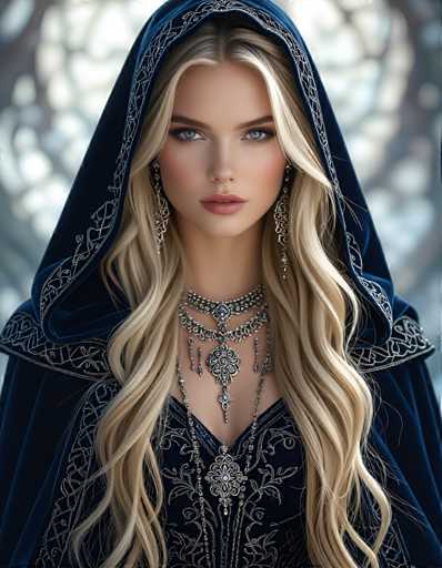 A woman with blonde hair wearing a blue hooded cape and earrings is the main subject of this image. The background features a blurred window or door, adding depth to the scene.