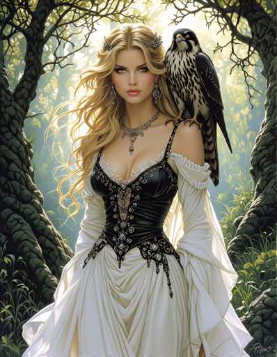 A woman with blonde hair and a white dress stands in front of trees, holding a bird on her shoulder.