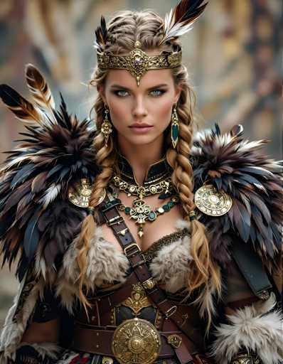 A woman with long blonde hair is wearing a large headdress and a necklace made of gold and green stones. She has her hair styled in braids and is standing against a blurred background that suggests she might be in an outdoor setting or at a festival.