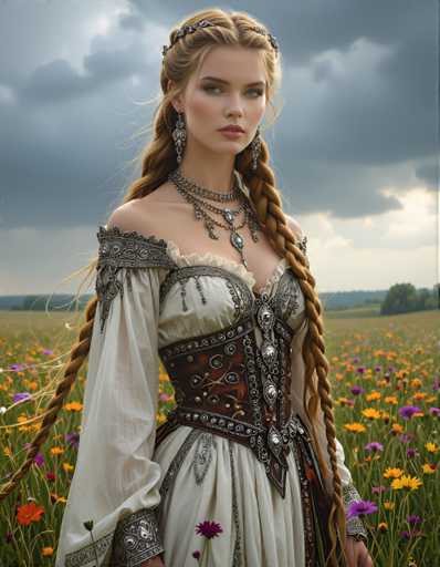 A woman with long blonde hair wearing a white dress adorned with gold and silver accents stands in a field of purple flowers under an overcast sky.