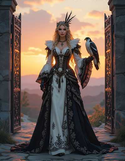 A woman stands in front of a gate with her arms crossed and a bird perched on her shoulder. She is wearing a long black and white dress with gold accents and a feather headdress. The setting appears to be outdoors during sunset or sunrise, as indicated by the warm colors in the background.