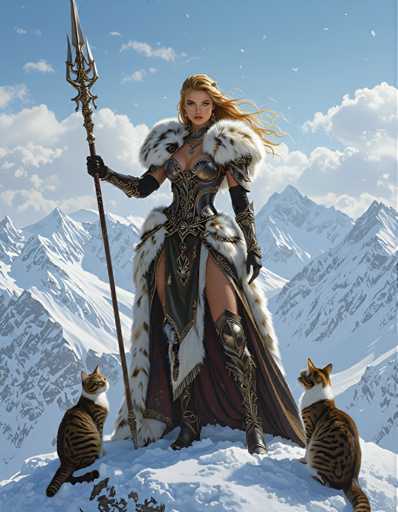 A woman dressed as a Viking princess stands on a snowy mountain peak with two cats at her feet and the majestic mountains behind her.