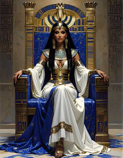 A woman dressed in an Egyptian-style costume is seated on a throne with her hands resting on the seat and her legs crossed at the ankles. The throne is adorned with gold accents and a blue cushion, creating a regal atmosphere. The woman's attire includes a white dress with gold accents and a gold headdress featuring a large feather.
