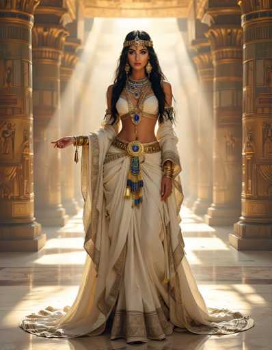 A woman is standing in front of a large column with her arms outstretched and wearing an elaborate white dress adorned with gold accents. She is also wearing a headpiece that includes earrings and a necklace. The background features a large archway leading to another room or hallway, suggesting the presence of more architectural elements beyond what's immediately visible.