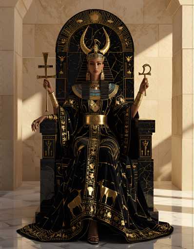 A woman dressed in an Egyptian-style outfit is seated on a throne with her hands raised in the air and holding a staff and a cross.