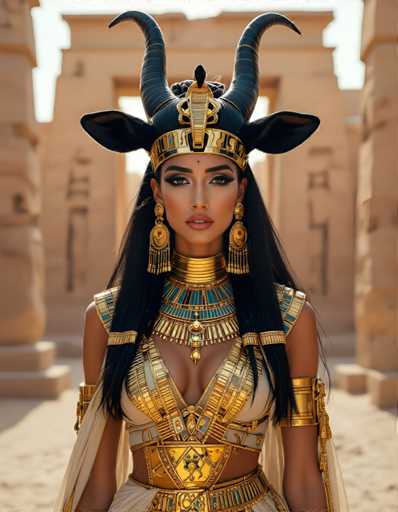 A woman dressed in an ancient Egyptian costume stands in front of a temple, wearing a headdress with horns and earrings made of gold and blue beads.