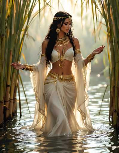 A woman wearing a white dress and gold jewelry is standing in shallow water surrounded by tall reeds.