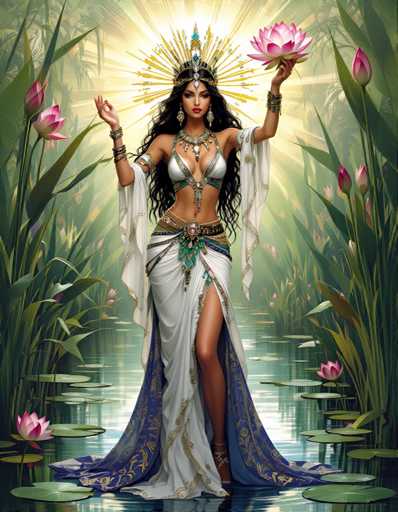 A woman is depicted as the central figure in a lush garden setting. She is adorned with a white and blue dress that flows down to her feet, and she holds a lotus flower in one hand while wearing a gold crown on her head. The background features an array of pink flowers and green foliage, creating a serene and tranquil atmosphere.
