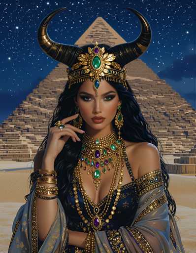 A woman with long dark hair wearing a gold headdress and earrings stands in front of the Great Pyramid of Giza at night.