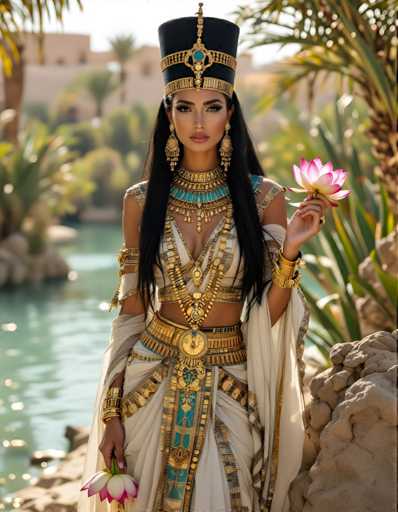 A woman dressed in an ancient Egyptian costume stands on a rock by the water's edge, holding a pink lotus flower and wearing a gold headdress with a blue gemstone atop it.