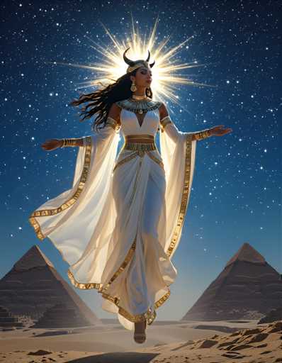 A woman wearing a white dress with gold accents and a large headdress is depicted against the backdrop of two ancient Egyptian pyramids. The sun is shining brightly behind her, casting a warm glow on her figure as she appears to be flying through the air.