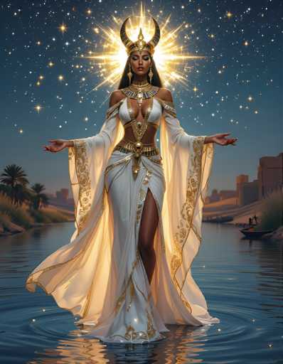 A woman is depicted as the central figure in a painting that captures her in a moment of tranquility by a river. She is adorned with a crown and a necklace, adding to the regal atmosphere of the scene. The background features palm trees and buildings, suggesting an exotic location or perhaps a palace overlooking the river. The painting is executed in a realistic style, with attention to detail that brings the woman to life on the canvas.