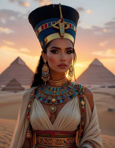 The image shows a woman wearing an elaborate Egyptian-style dress and headdress with a large, ornate headpiece that includes a gold crown and a blue and red striped sash draped over her shoulders. The woman is positioned in front of the Great Pyramids of Giza, which are visible in the background against a sunset sky.
The image has a high-quality color palette, with warm hues from the setting sun casting long shadows across the scene.