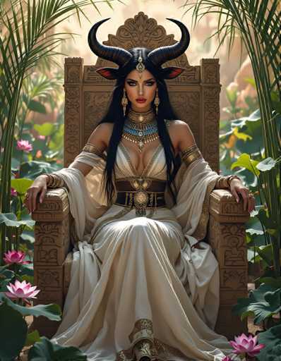 A woman with long dark hair and a white dress is seated on a throne-like chair in the center of an illustration. She wears a crown on her head and has large horns that appear to be made of gold or silver. The background features lush green plants and flowers, creating a serene and majestic atmosphere around the woman.