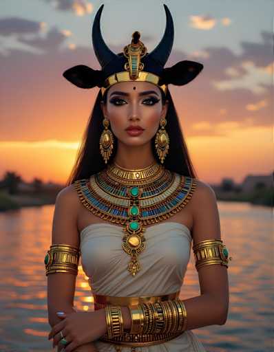 The image depicts a woman wearing an ancient Egyptian costume with a crown on her head and a necklace of jewels around her neck. She is standing by the water at sunset, which adds to the overall atmosphere of the scene. The colors in the image are predominantly orange and yellow, reflecting the warm hues of the setting sun.