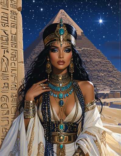 The image depicts a woman wearing a white and gold dress with blue jewels, standing next to the Great Pyramid of Giza at night. The pyramid is illuminated by stars against a dark sky backdrop.