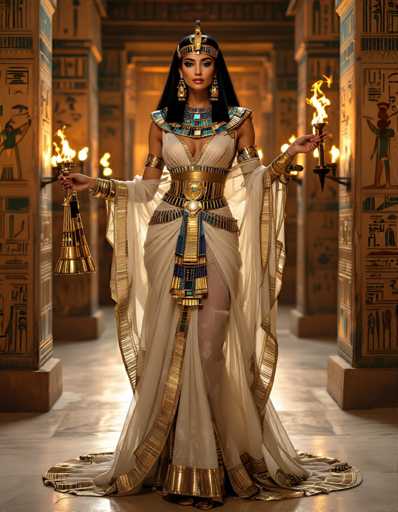 A woman dressed in an ancient Egyptian costume stands in a grand room with columns and statues, holding a golden staff and wearing a gold headdress and necklace.