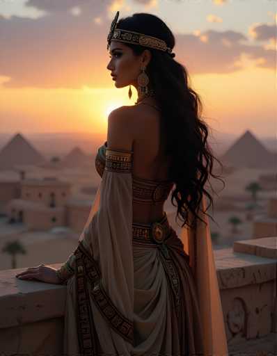 A woman dressed in an ancient Egyptian costume stands on a stone wall overlooking the pyramids of Giza at sunset. The woman is wearing a headdress and earrings, and her hair is styled in loose waves.