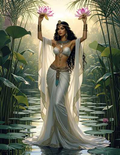 A woman with long dark hair is standing on a riverbank holding two pink flowers in her hands. She is wearing a white dress and gold jewelry. The background features lush green foliage and water lilies.