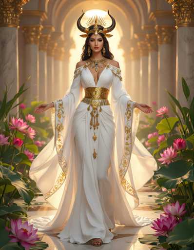 A woman is standing in front of a large archway adorned with gold and white columns. She is wearing a white dress with gold accents and a crown on her head. The background features pink flowers and green plants.