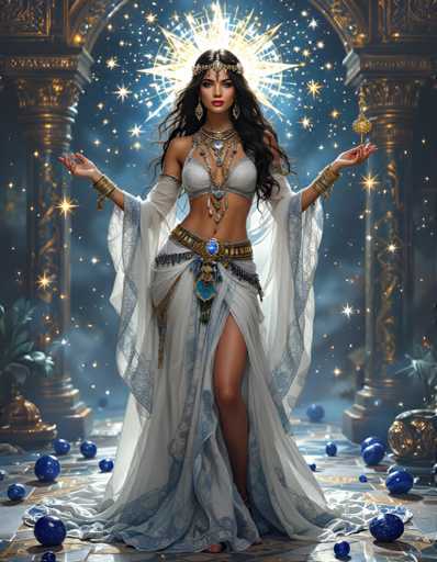 A woman is standing in front of a golden archway adorned with blue and gold accents. She is wearing a white dress that flows down to her feet, and she has long dark hair styled in an elegant updo. The woman holds a golden staff in her hands, which she uses as a walking stick. The background features a starry night sky and a fountain filled with blue and gold balls.