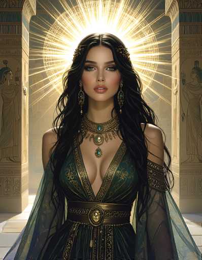 The image depicts a woman wearing a long, flowing green dress with gold accents and a large headdress adorned with jewels. She is positioned in front of two columns, one on each side of her face, which are decorated with intricate designs. The background features a sunburst pattern that radiates from the center towards the edges of the image.