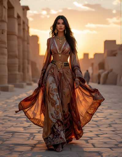 A woman is walking down a cobblestone street at sunset. She is wearing an ornate dress with a brown and gold patterned design that flows behind her as she strides forward. The dress has a long train trailing behind her. The sky above is painted in warm hues of orange, casting a soft glow on the scene below. In the distance, there are buildings lining the street, their details softened by the fading light.