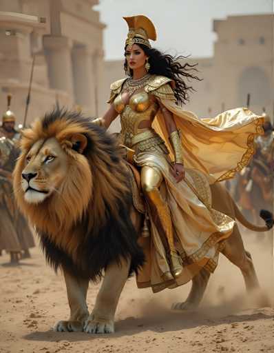 A woman dressed as a queen is riding on the back of a lioness in an ancient battle scene. The woman wears a golden outfit and holds a spear, while the lioness has a shield on her back.