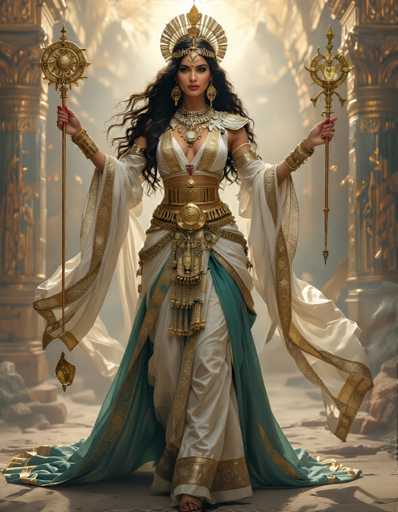 A woman dressed in an elaborate costume with a gold headdress and wings stands in front of a large column adorned with gold accents. She holds two golden spoons in her hands.