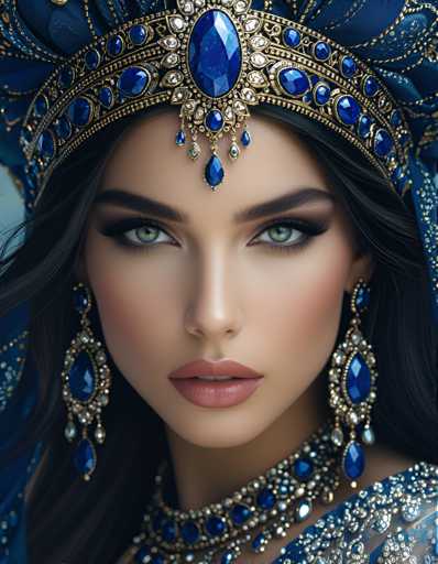 The image shows a close-up portrait of a woman wearing a blue crown and earrings with large stones. The woman's face is the main focus, with her eyes looking directly at the camera. She has long dark hair that falls down to her shoulders, and she is wearing a gold necklace and earrings.