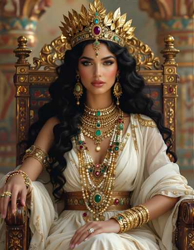 The image depicts a woman wearing an elaborate white dress and gold jewelry, including a large crown with green leaves on it. The woman is seated in a chair, facing the camera directly.