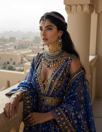A woman is standing on a balcony with her hands resting on the railing and wearing a blue dress adorned with gold embroidery and a large headpiece featuring jewels.