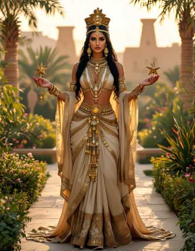 A woman is standing in front of a building with palm trees and flowers behind her. She is wearing a gold and white dress that has a long train and a headpiece on top. The woman also has two golden stars in her hands.