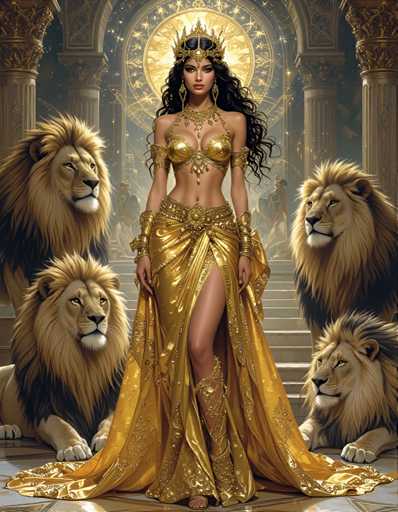 A woman with long dark hair and a gold dress stands in front of four majestic lions on either side of her. The lion on the left is partially hidden by the woman's dress, while the one on the right stands out prominently against the backdrop of a grand archway adorned with intricate designs.