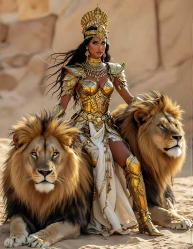 A woman dressed in a golden costume is seated on two majestic lions with her legs crossed and her hands resting on the lions' backs. The scene takes place against a backdrop of a desert landscape.