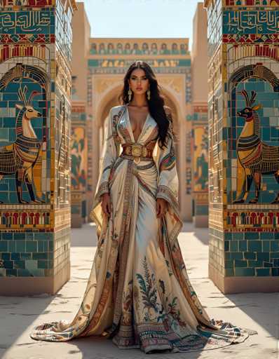 A woman is standing in front of a large archway adorned with intricate blue and gold designs. She is wearing a long white dress decorated with colorful patterns that flow down to her feet. The woman has dark hair styled in loose curls and is wearing earrings.