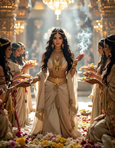A woman dressed in traditional Indian attire stands in a grand room with gold accents and chandeliers hanging from the ceiling. She holds a lit cigarette in her hand as she is surrounded by other women who appear to be engaged in conversation or admiring her outfit. The room is filled with flowers, adding a touch of elegance and color to the scene.